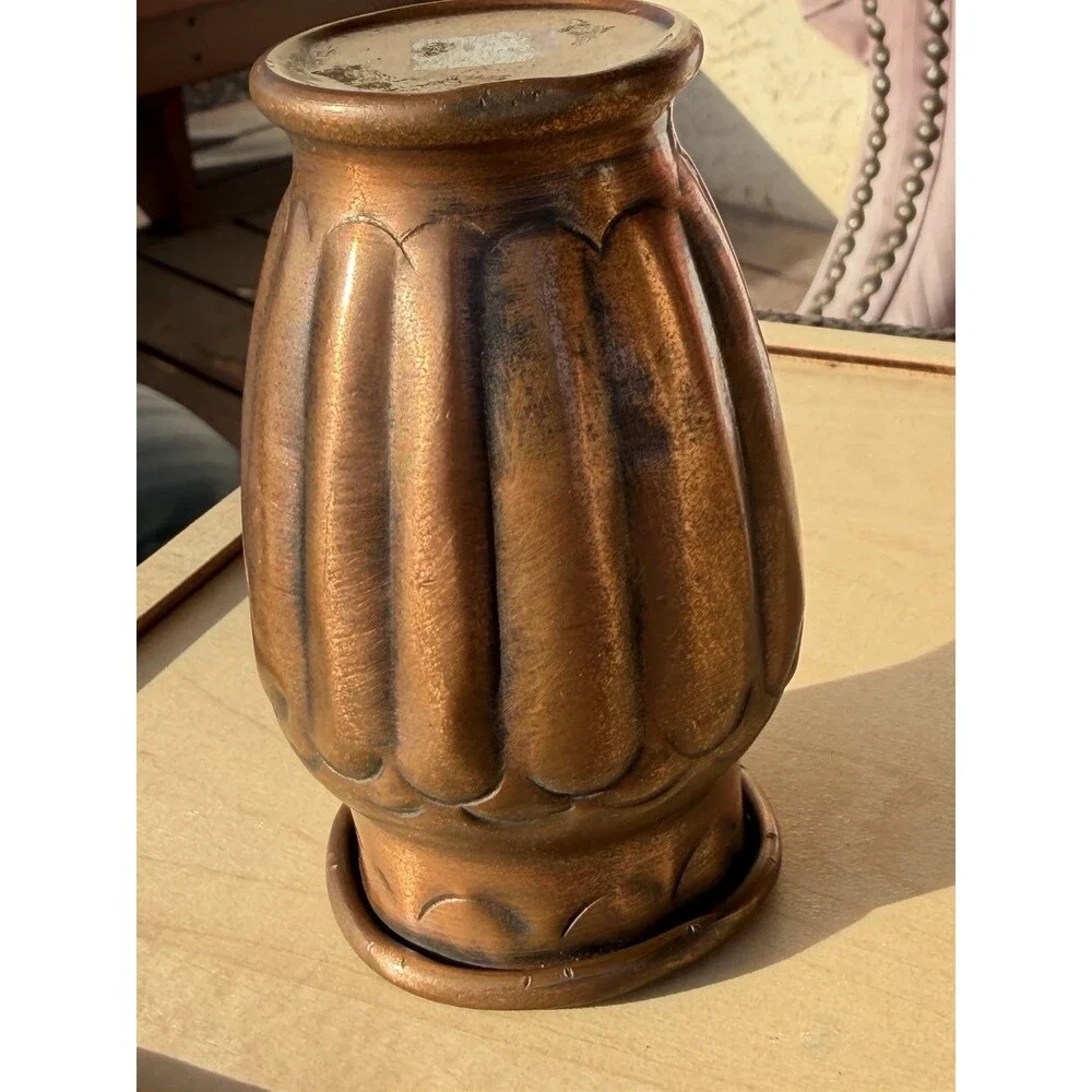 Vintage Ribbed Copper Vase With Scalloped Rim Detail
